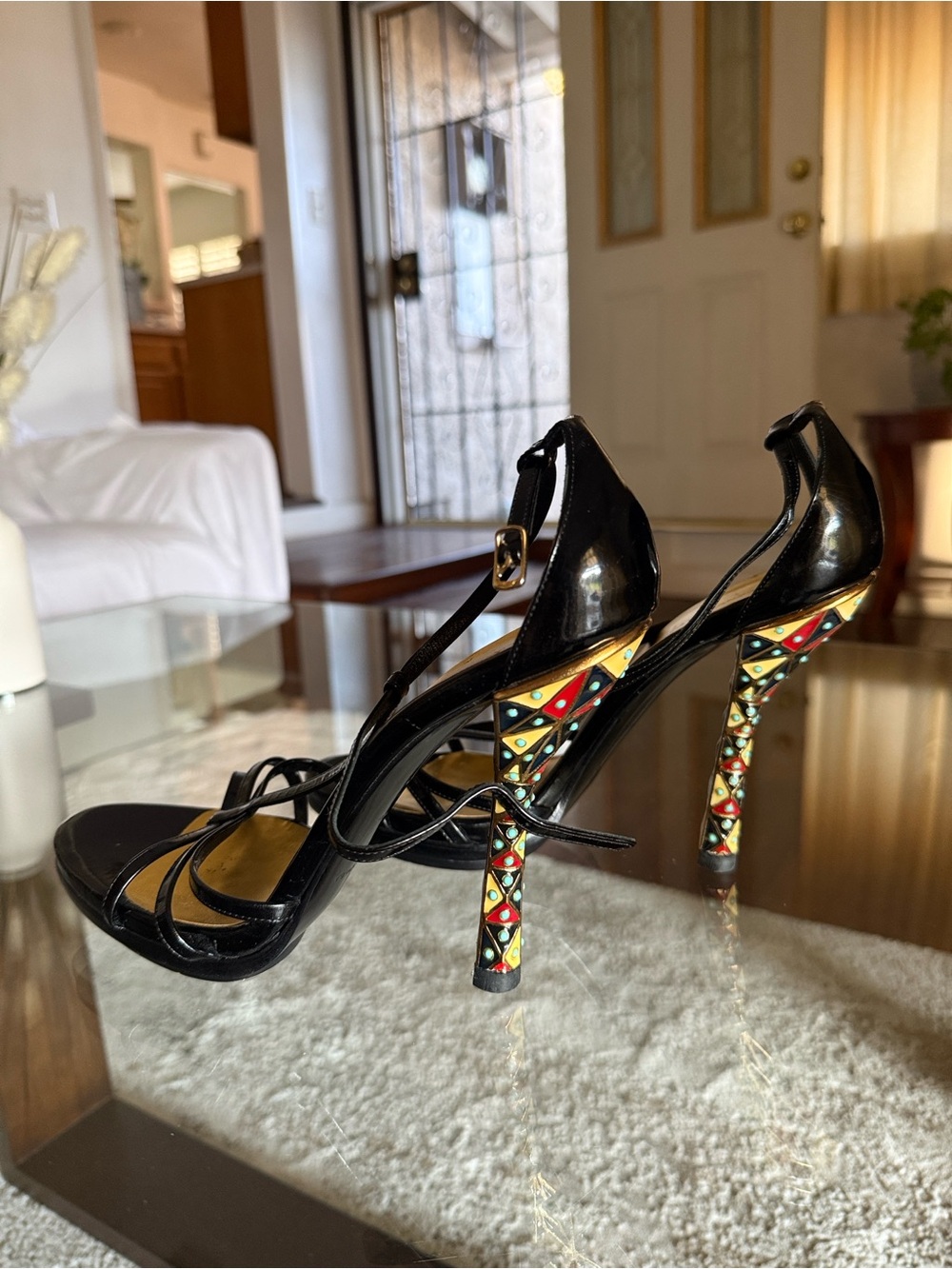 Balenciaga Black Strappy Sandals with Multicolor Studded Heel